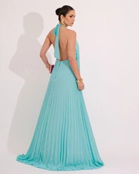Vestidos de Festa Longo Chiffon Fluido Frente Única Plissado Duplo Tiffany
