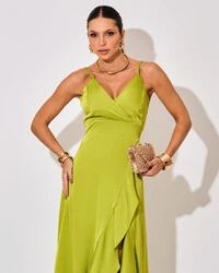 Vestido Midi Babado Acetinado Verde Lima