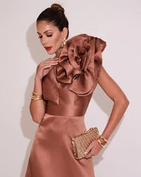 Vestido de Festa longo Zibeline Flor Mocha Mousse