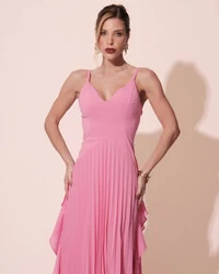 Vestido de Festa Longo Crepe Chiffon Alça Fina Saia Plissada com Babado Cascata Rosa