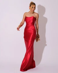 Vestido de Festa longo Cetim Malha Metálico Tomara que Caia Detalhe Drapeado Vermelho