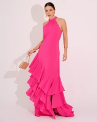 Vestido de Festa Longo Decote Halter com Babados Pink