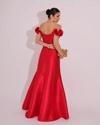 Vestido Longo de Festa Zibeline Ombro a Ombro com Flores e Fenda Vermelho