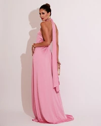 Vestido de Festa Gola Alta com Decote nas Costas Acetinado Rosa