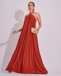 Vestido Longo com Amarração em Malha Terracota