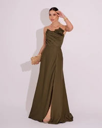 Vestido de Festa Longo Alfaiataria Tomara que Caia com Fenda Detalhe Verde Oliva