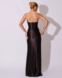 Vestido de Festa longo Cetim Malha Metálico Tomara que Caia Detalhe Drapeado Preto