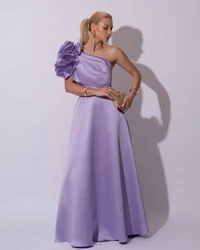 Vestido de Festa Longo Zibeline um Ombro Só Flor Drapeado Lilás