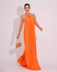 Vestido Longo com Amarração em Malha Laranja
