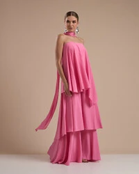 Vestido de Festa Longo Chiffon Crepe em Camadas com Lenço Rosa