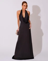 Vestido de Festa Longo Frente Única Degagê Cetim Fluido Preto