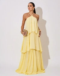 Vestido Longo Crepe Chiffon Babado em Camadas Amarelo Manteiga