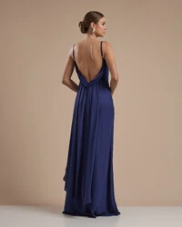 Vestido de Festa Longo Crepe Chiffon Costas Lenço Cauda Azul Marinho