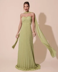 Vestido de Festa Longo Tomara que Caia Plissado com Lenço Verde Garden