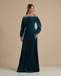 Vestido de Festa Longo Crepe Chiffon Plissado Ombro a Ombro Verde Escuro