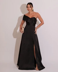 Vestido de Festa longo Faixa Ombro e Fenda Zibeline Preto