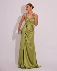 Vestido de Festa Longo Cetim Alfaiataria Fenda Drapeada Verde Lima