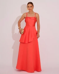 Vestido de Festa Zibeline Tomara que Caia com Recortes e Camadas Laranja