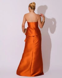 Vestido de Festa Longo Tomara que Caia Babado Cascata Terracota