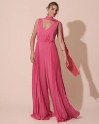 Macacão de Festa Longo Crepe Pantalona Plissado e Lenço Pink New