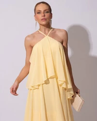 Vestido Longo Crepe Chiffon Babado em Camadas Amarelo Manteiga