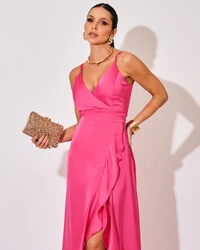 Vestido Midi Babado Acetinado Pink