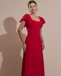 Vestido de Festa Longo Crepe Chiffon Manga Babado e Fenda Vermelho