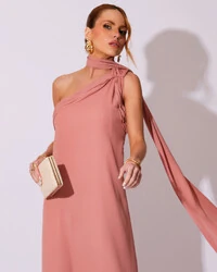 Vestido de Festa Longo Crepe Chiffon Um Ombro Só Drapeado Rose