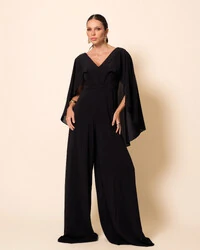 Macacão de Festa Longo Crepe Chiffon com Capa Preto