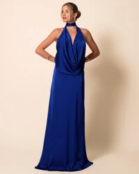 Vestido de Festa Longo Cetim Fluido Frente Única Degagê Mil Formas Azul Royal New