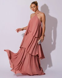 Vestido Longo Babado em Camadas Rose