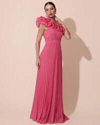 Vestido de Festa um Ombro Só Flor Saia Plissado Pink New