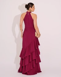 Vestido de Festa Longo Decote Halter com Babados Cereja