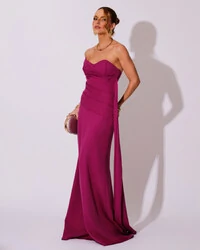 Vestido de Festa Longo Alfaiataria Tomara que Caia Drapeado Faixa Fúcsia Beterraba