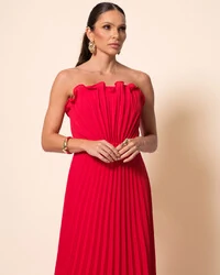 Vestido de Festa Longo Tomara que Caia Plissado Detalhe Vermelho