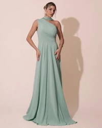 Vestido de Festa Longo Crepe Chiffon Um Ombro Só Drapeado com Lenço Verde Menta