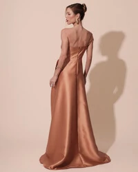 Vestido de Festa Longo Zibeline um Ombro Só Mullet Mocha Mousse New