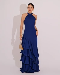 Vestido de Festa Longo Decote Halter com Babados Azul Marinho