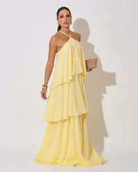 Vestido Longo Crepe Chiffon Babado em Camadas Amarelo Manteiga