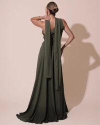 Vestido de Festa Longo Crepe Chiffon Um Ombro Só Drapeado com Lenço Verde Oliva