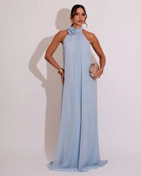 Vestido Longo Crepe Frente Única Fluido Flor Removível Serenity