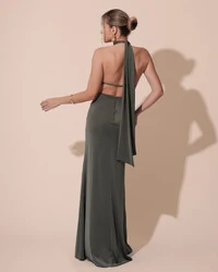 Vestido de Festa Longo Malha Jersey Gola Alta Saia Sereia Verde Oliva