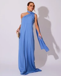 Vestido de Festa Longo Crepe Chiffon Um Ombro Só Drapeado Azul Atlantis
