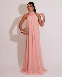 Vestido Longo Crepe Frente Única Fluido Flor Removível Rosa