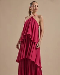 Vestido Longo Babado em Camadas Cereja