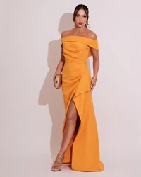 Vestido de Festa Longo Ombro a Ombro com Fenda em Alfaiataria Mango Sorbet