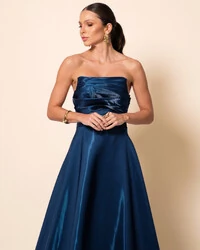 Vestido de Festa Longo Cetim Cristal Tomara que Caia Drapeado Verde Escuro