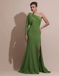 Vestido de Festa com Laço de Um Ombro em Alfaiataria Fenda Verde Matcha