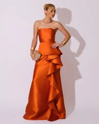 Vestido de Festa Longo Tomara que Caia Babado Cascata Terracota