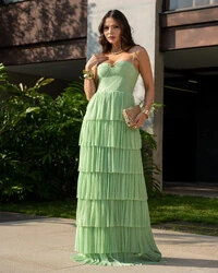 Vestido de Festa Longo Tule Glitter com Camadas Verde Lima